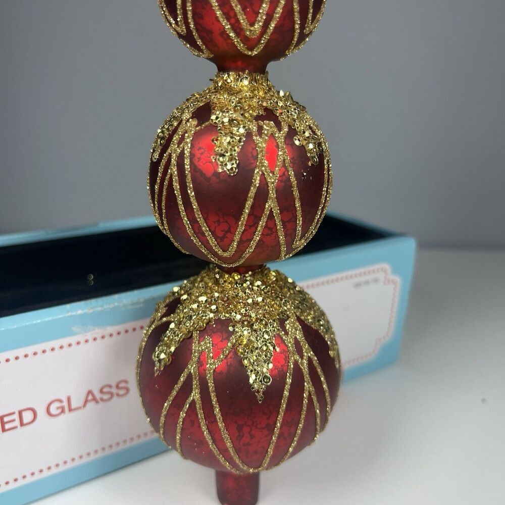 Martha Stewart Living 12" Red Glass Gold Glitter 4-Tier Tree Topper w/ Box EUC - Picture 4 of 6